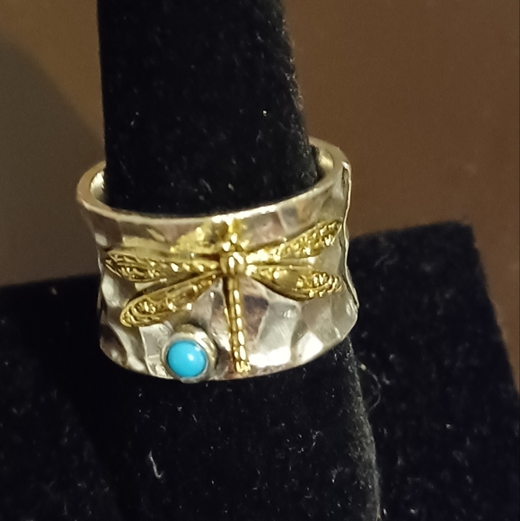 Dragonfly Ring Nature Inspired Bohemian Hippie Style Rhodium Two-Tone/Torqouise - Picture 5 of 5